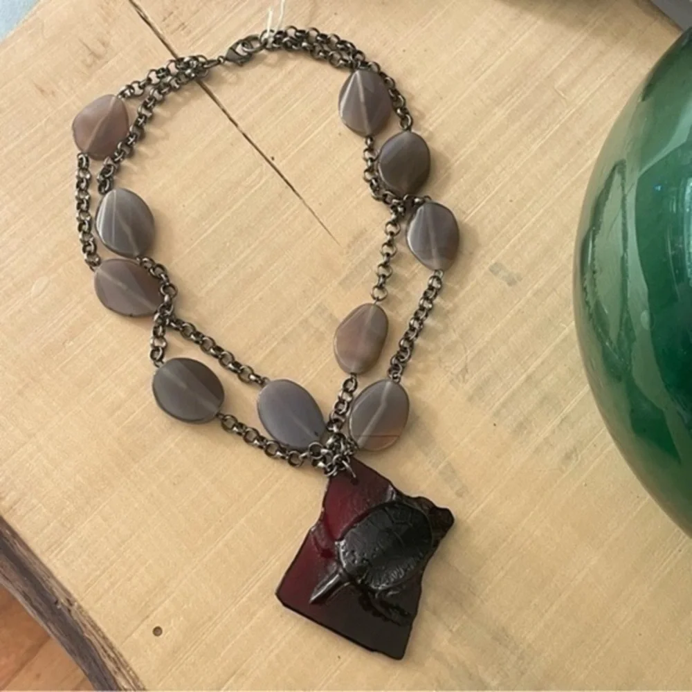 Handmade Maroon Glass Turtle Agate Statement Necklace Handmade Ocean Metal Gift